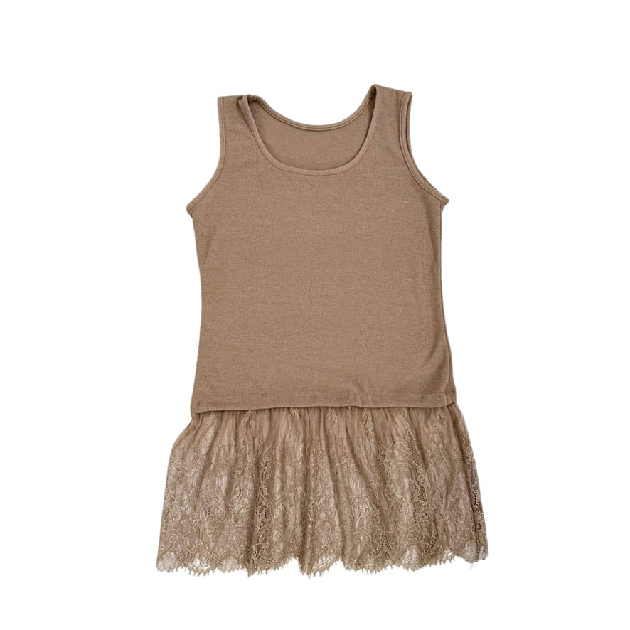 Brown tank top with lace skirt on a white background