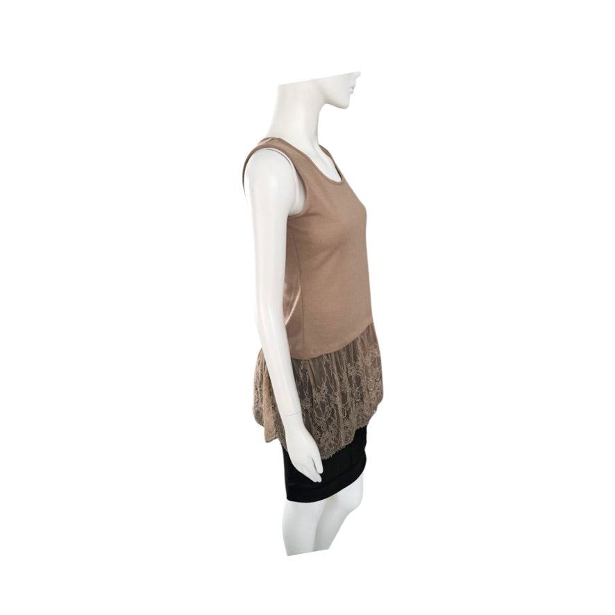 Mannequin wearing a sleeveless brown top with lace detail on a white background