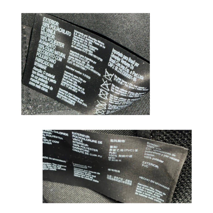 Close-up of a label with text and symbols on a textured surface