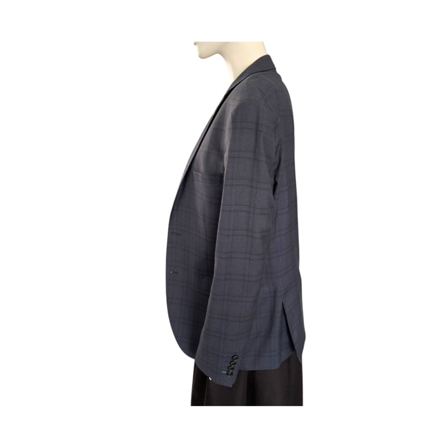 Navy checkered blazer on a mannequin against a white background