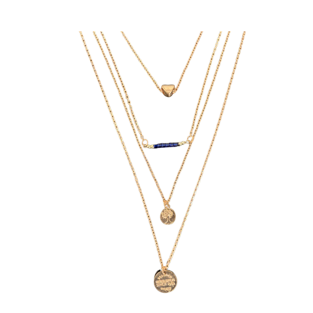 Set of gold necklaces with various pendants on a white background