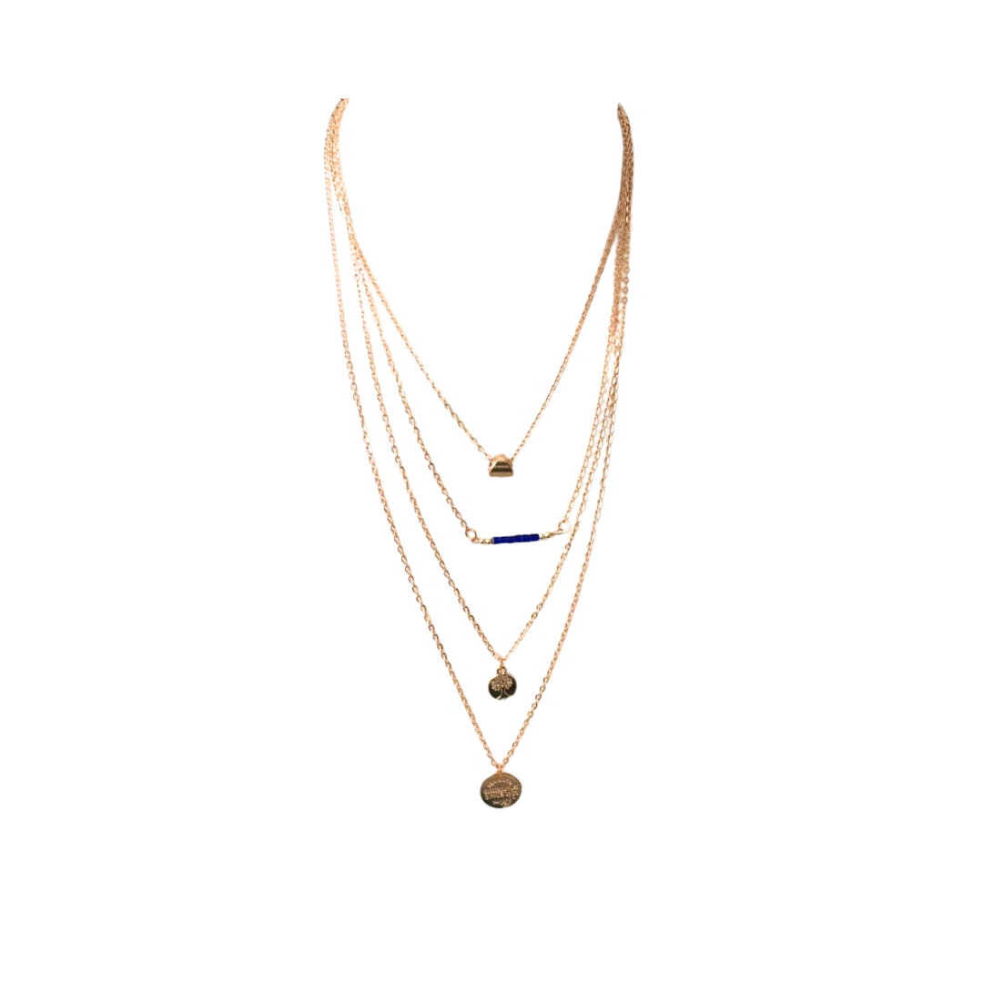 Layered gold necklaces with various pendants on a white background