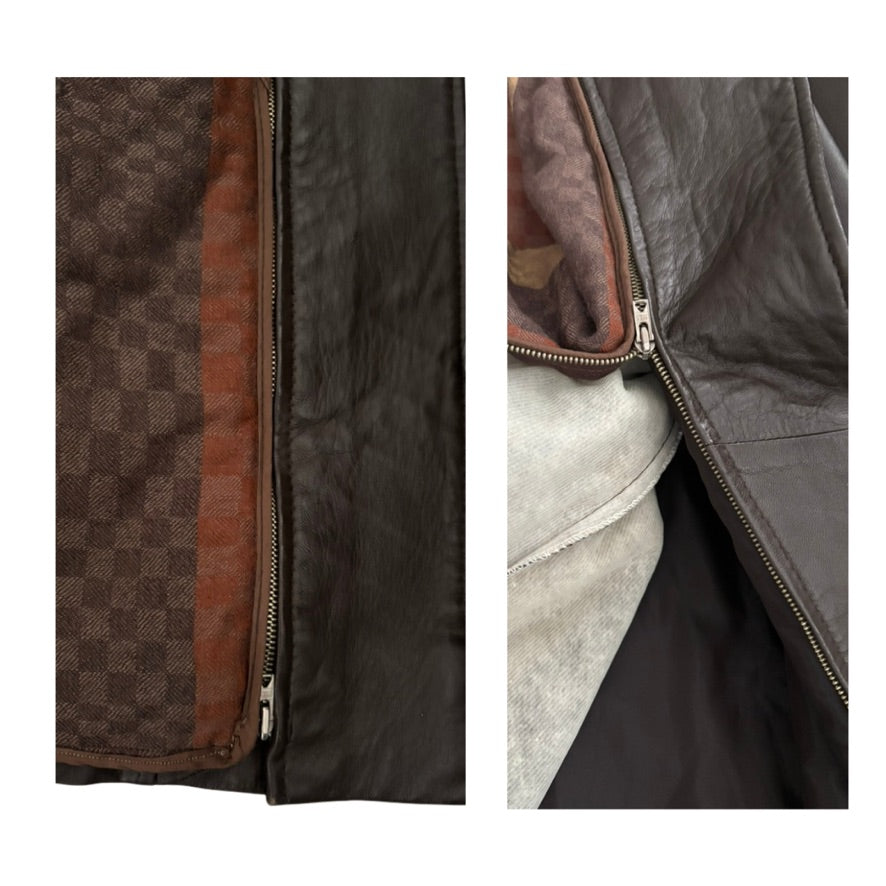 Close-up of a jacket with patterned lining and zipper detail