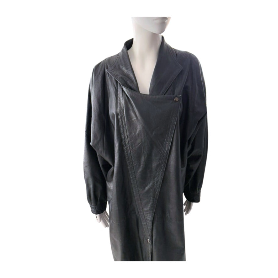 Black leather coat on a mannequin against a white background