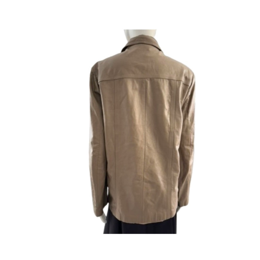 Beige jacket on a mannequin against a white background