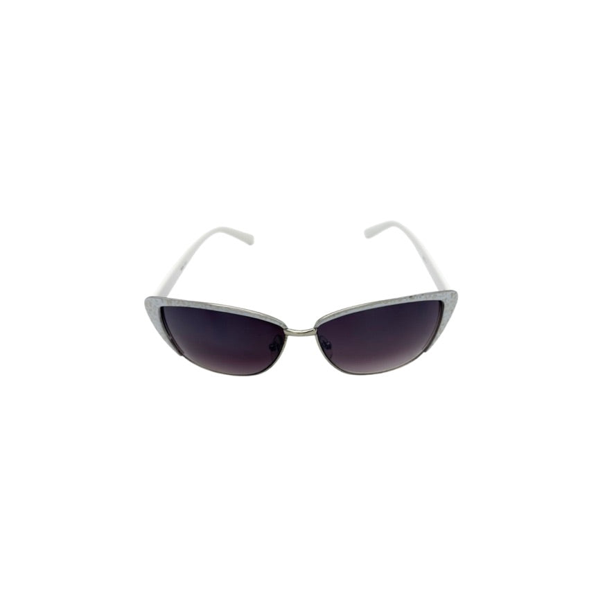 Sunglasses with dark lenses and thin metal frame on a white background