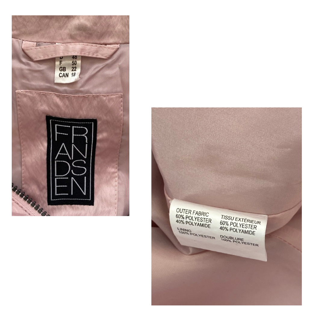 Close-up of a pink jacket with a brand label and fabric content label.