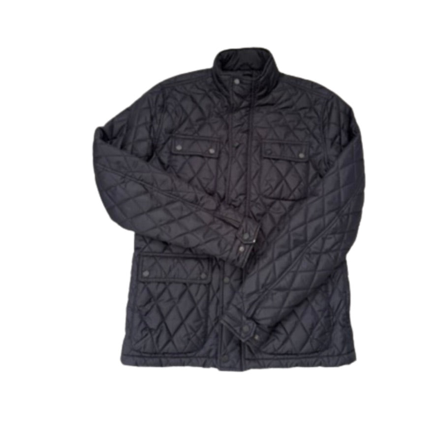 Navy quilted jacket on a white background