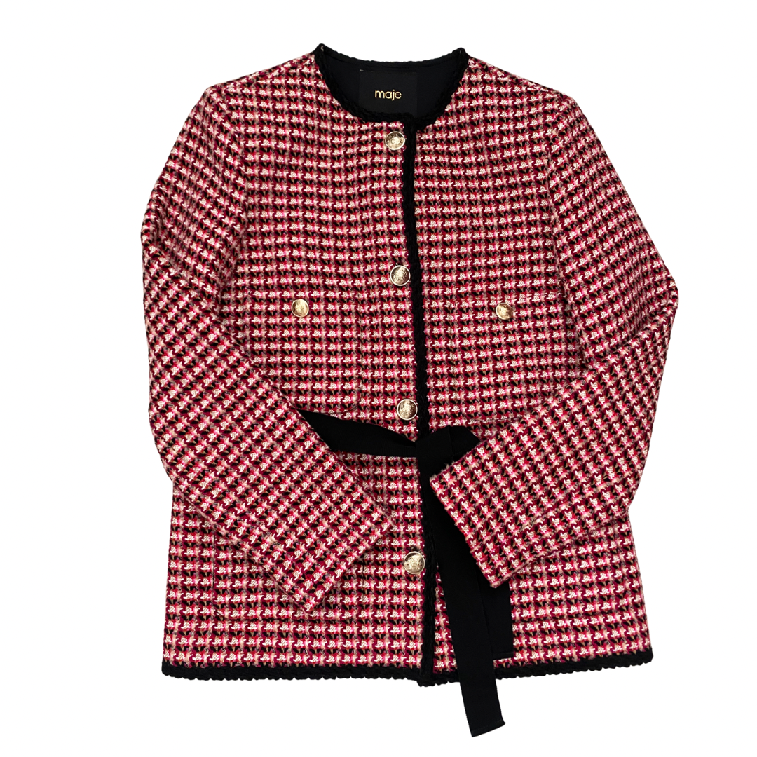 Red and black checkered jacket with a belt on a white background
