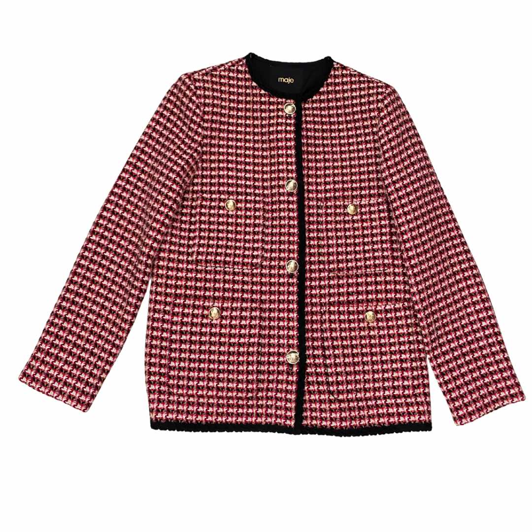 Red and black checkered jacket with gold buttons on a white background