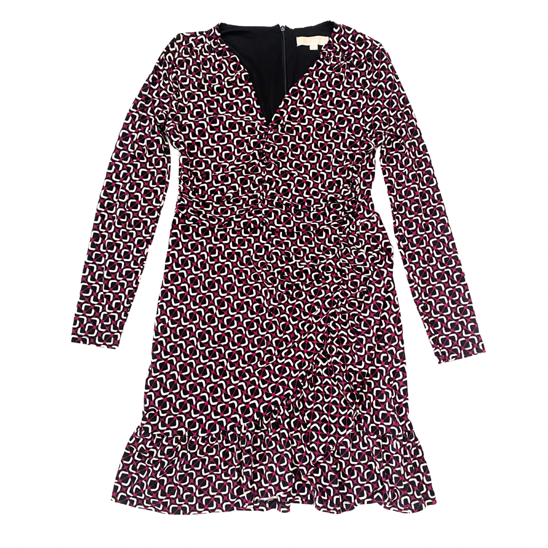 Michael Michael Kors geometric print long sleeve ruched dress in maroon, black and white, size L, laid flat.