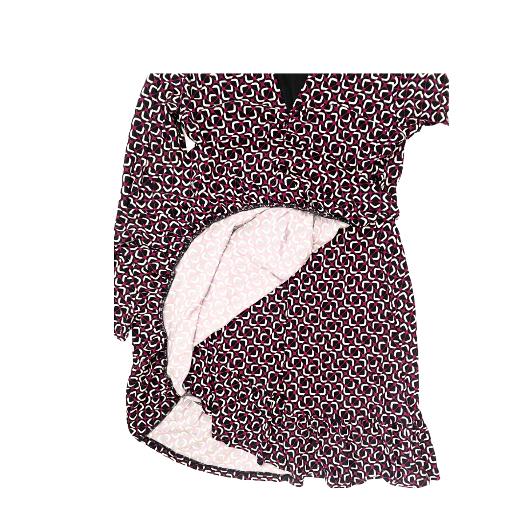 Black and maroon patterned dress with white lining on a white background