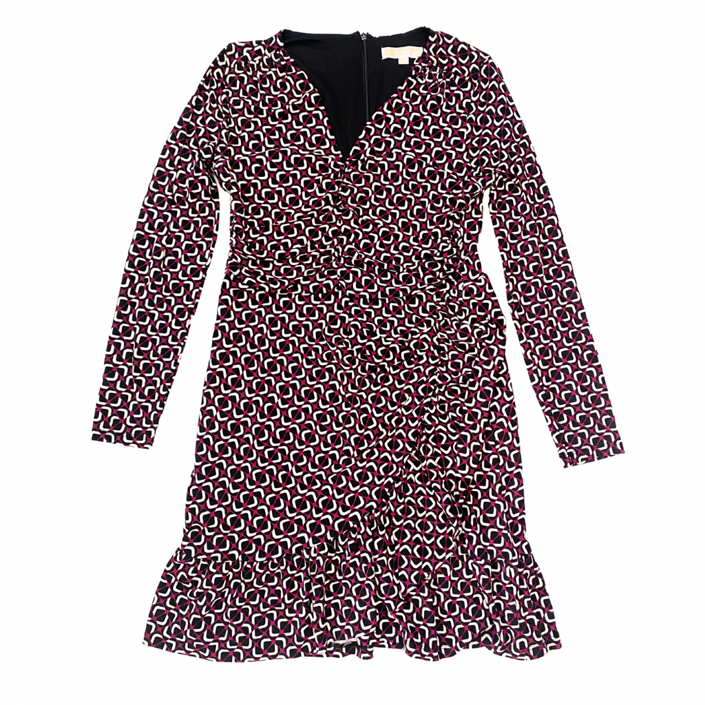 Michael Michael Kors geometric print long sleeve ruched dress in maroon, black and white, size L, laid flat.