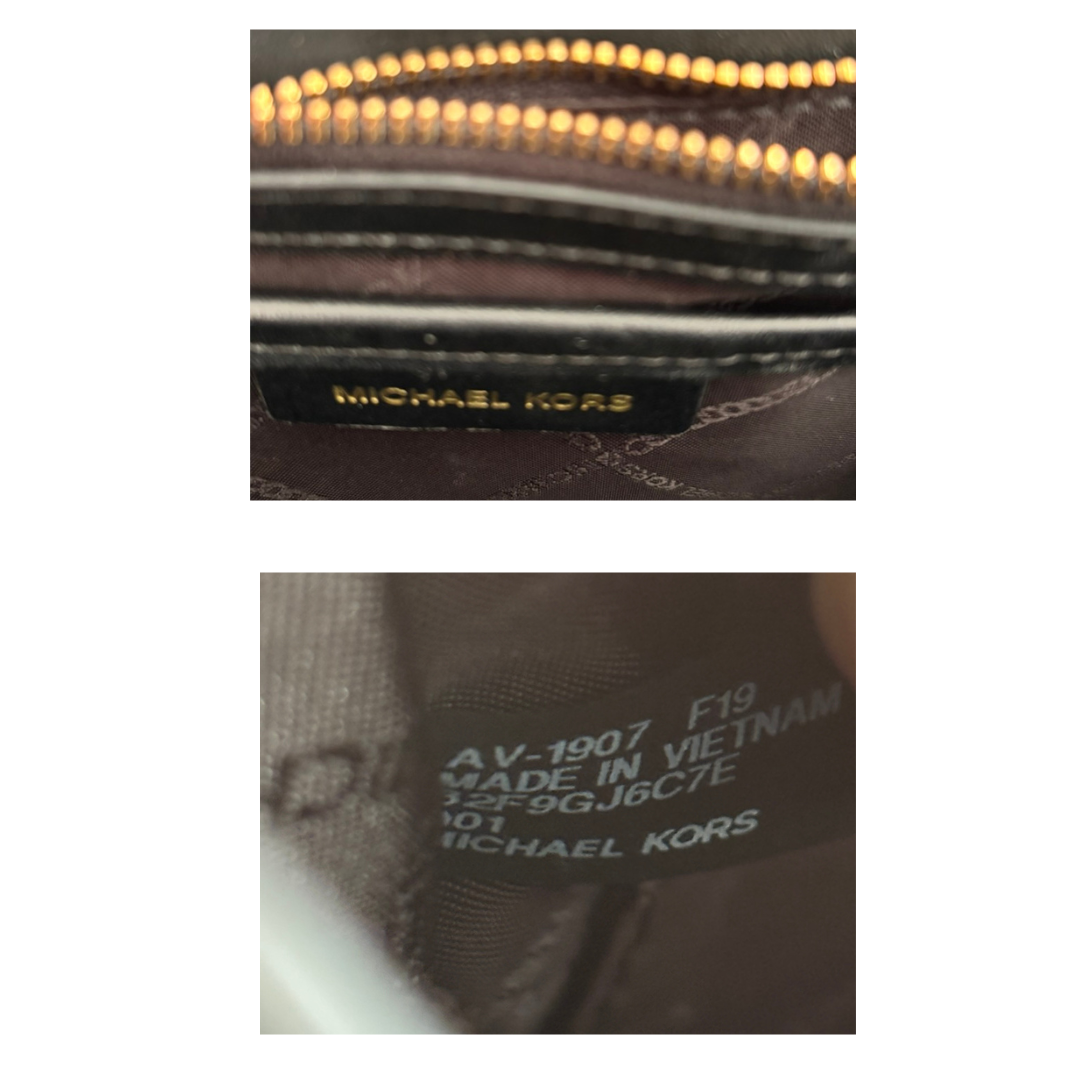 Close-up of Michael Kors bag with brand name and model number on a white background