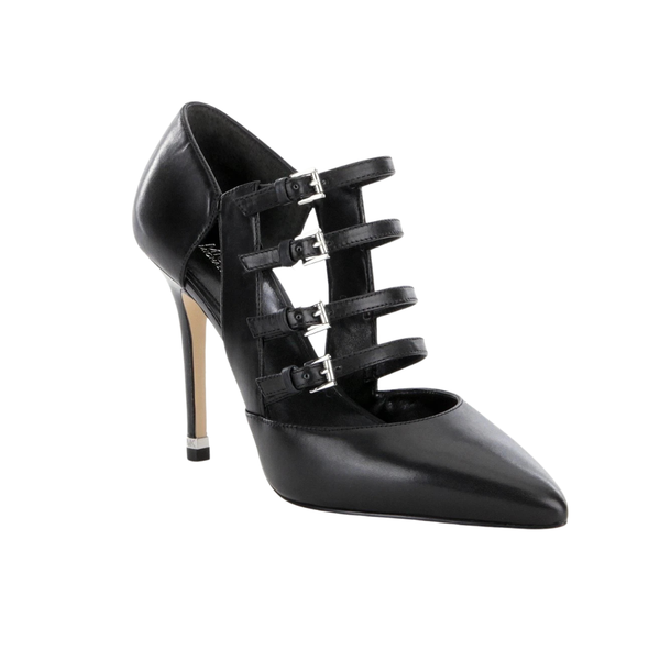 Black high-heeled shoe with strap details on a white background