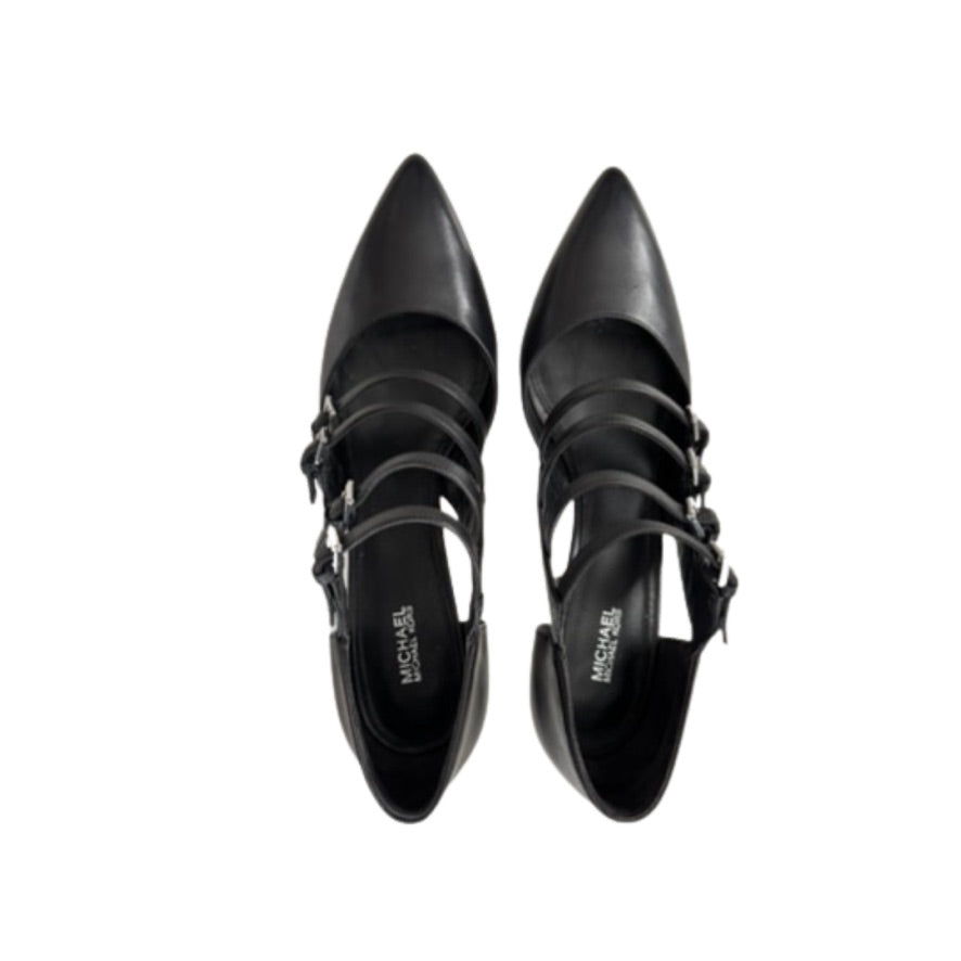 Black high-heeled shoes with strap details on a white background