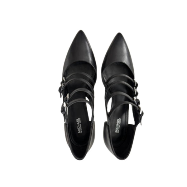 Black high-heeled shoes with strap details on a white background