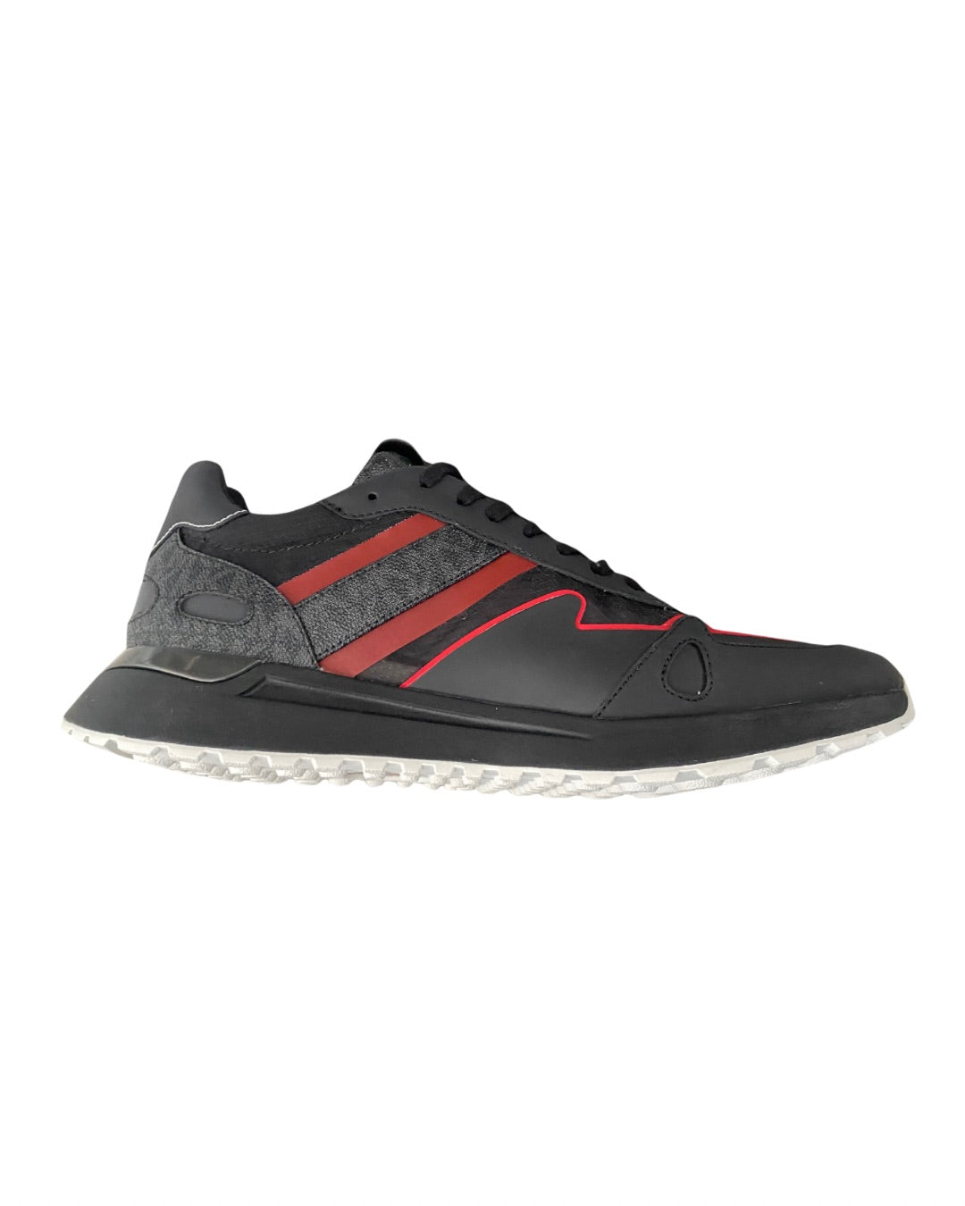 Black and gray sneaker with red accents on a white background