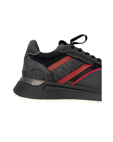 Black and red sneaker with a white background