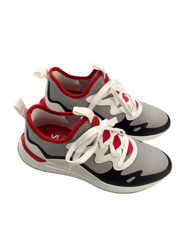 Pair of gray, red, and blue sneakers on a white background
