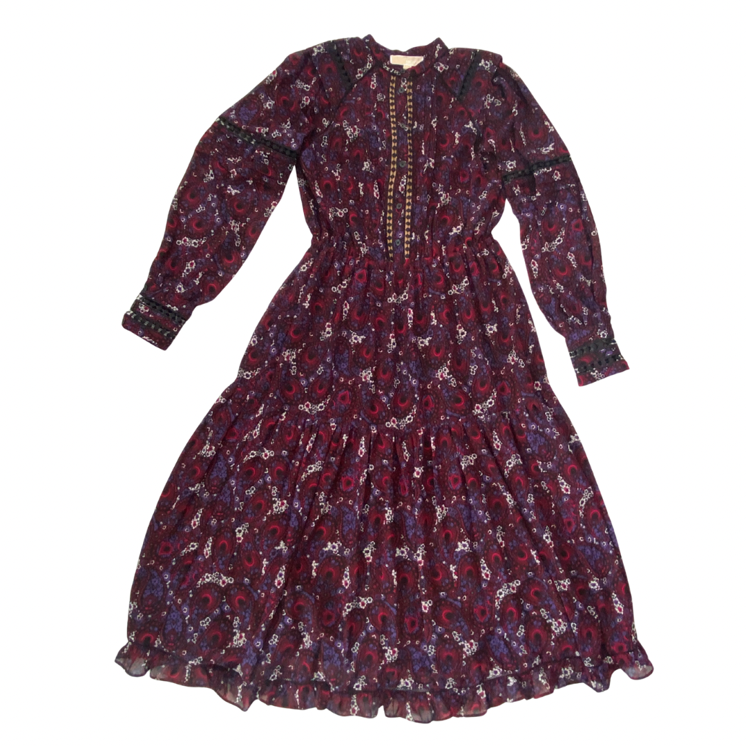 Michael Kors burgundy paisley print midi dress with embroidery and ruffle hem.