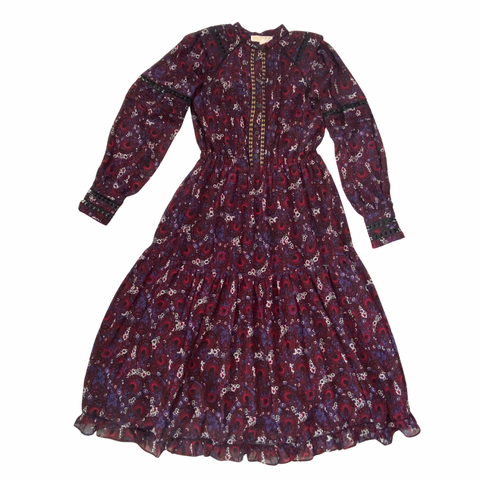 Michael Kors burgundy paisley print midi dress with embroidery and ruffle hem.
