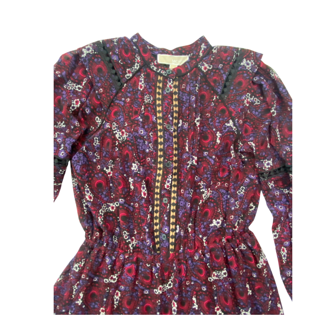 Long-sleeve blouse with a burgundy colourful pattern on a white background