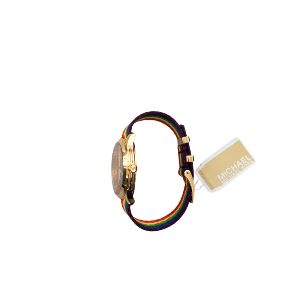 Watch with rainbow band and gold case on a white background