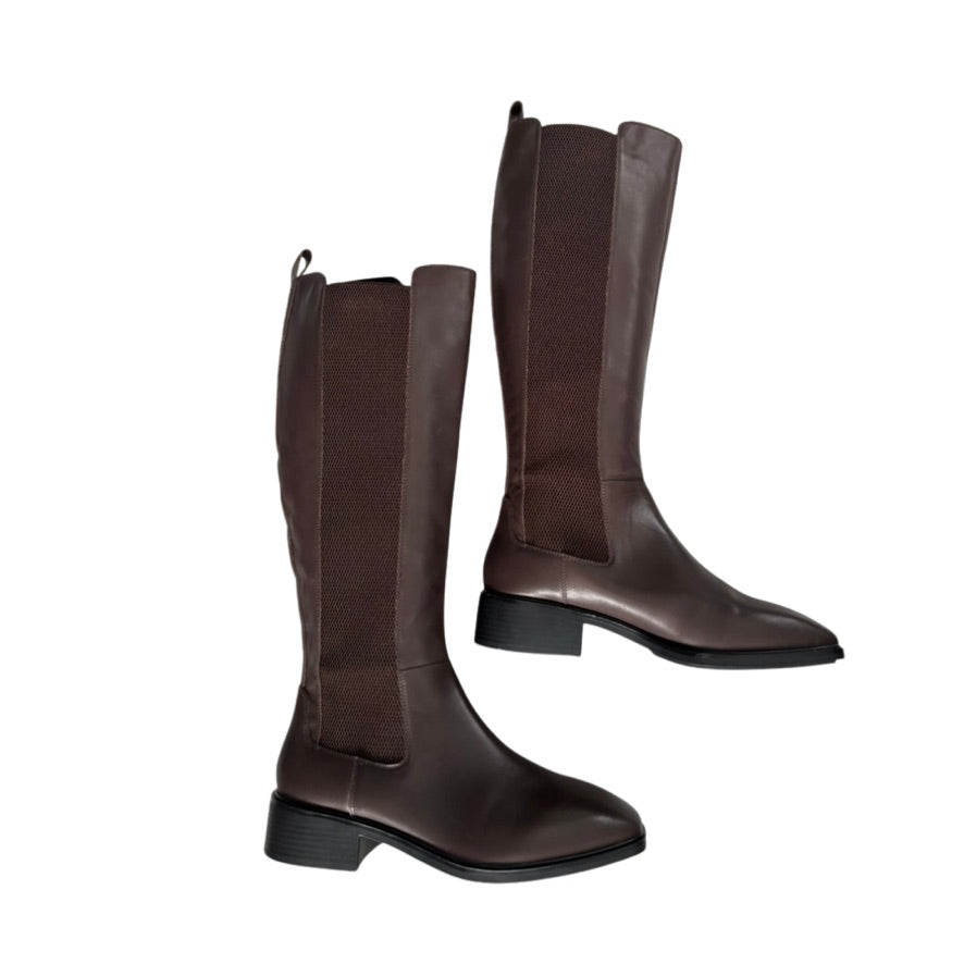 Pair of brown knee-high boots on a white background