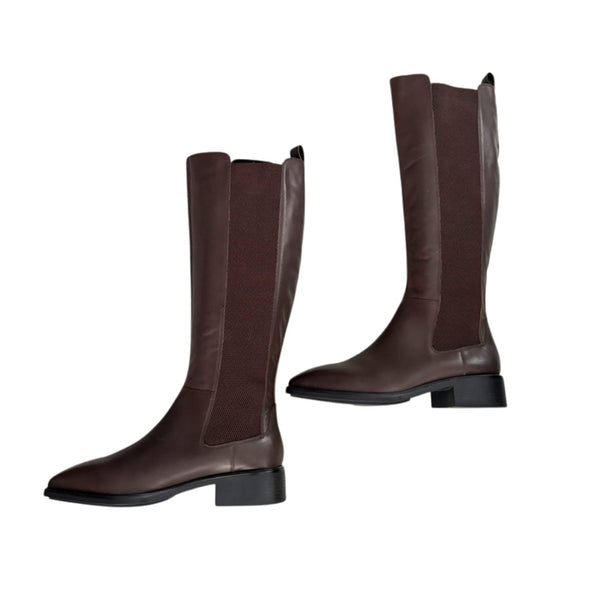 Pair of brown knee-high boots on a white background
