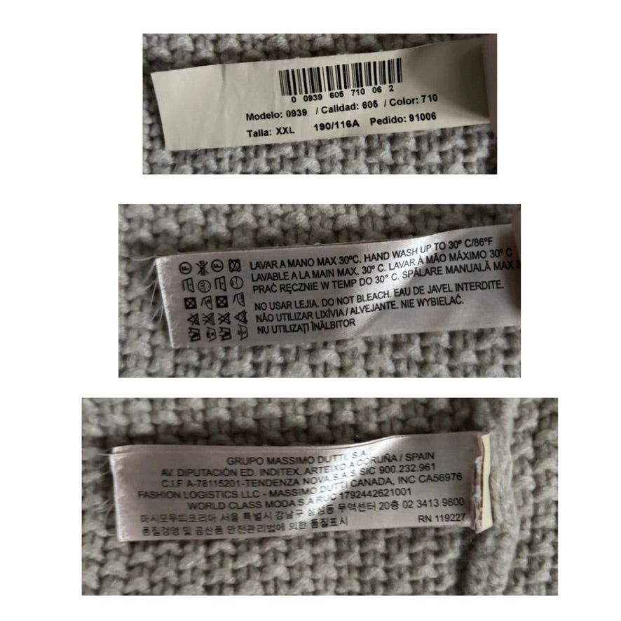 Three clothing labels with text and symbols on a textured fabric background