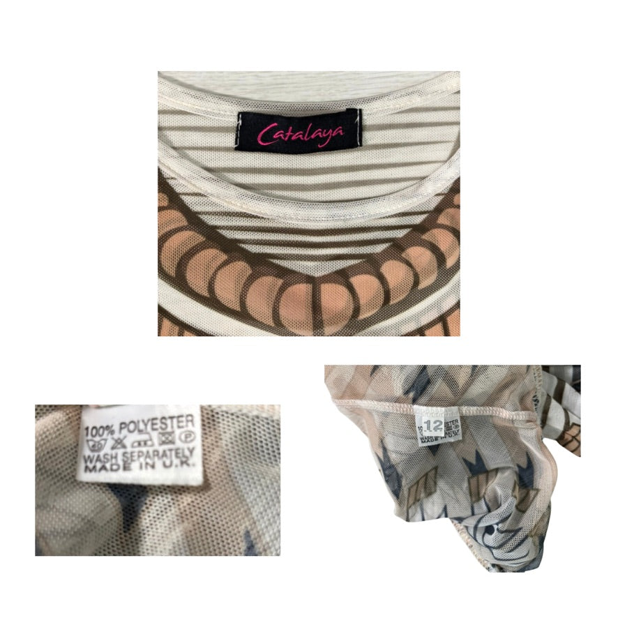 Close-up of a patterned fabric with a label and texture details.