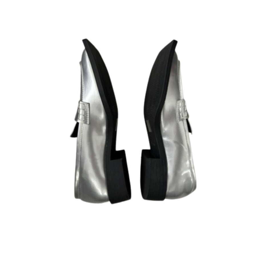 Pair of silver high-heeled shoes with black soles on a white background
