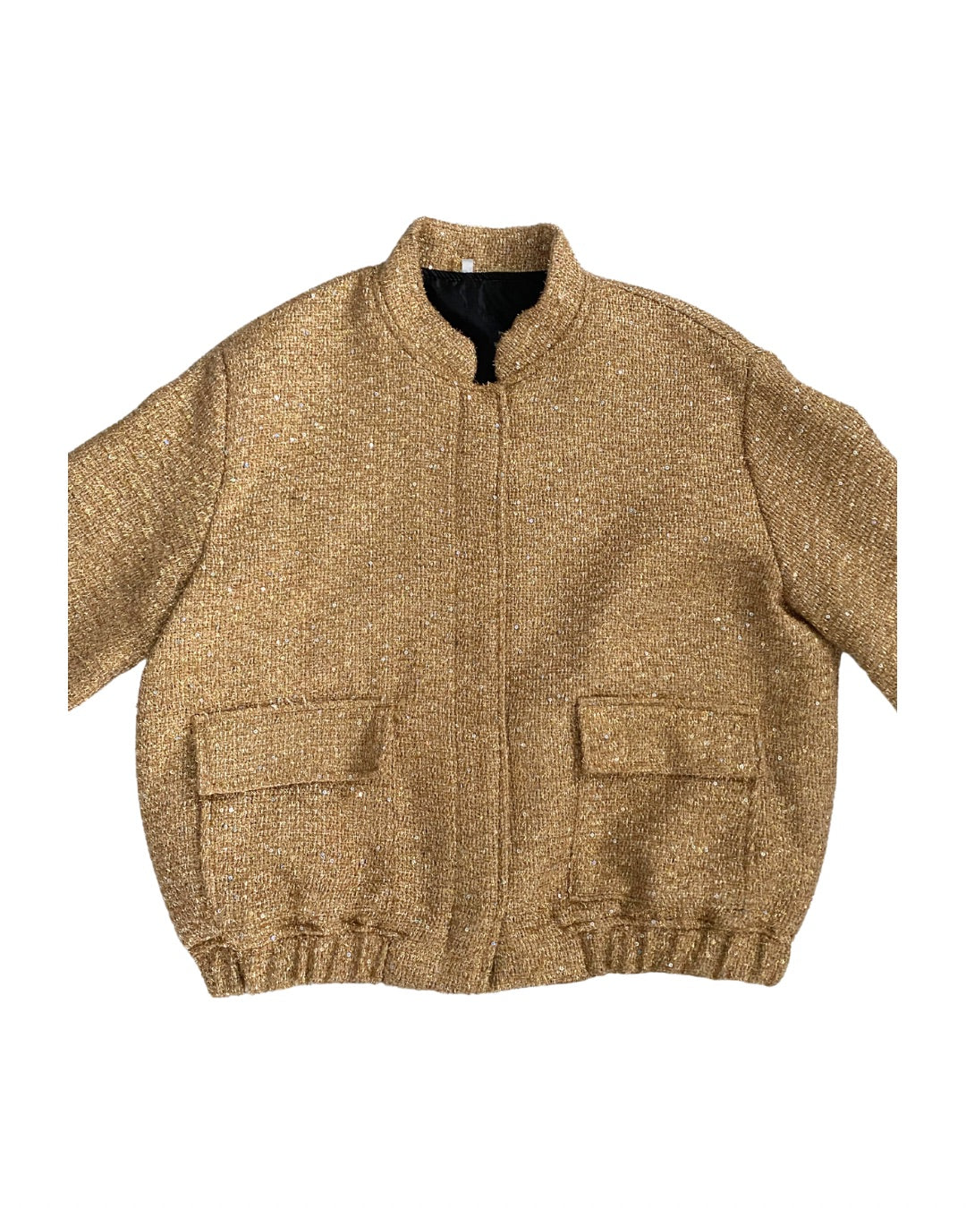 Gold textured jacket with two front pockets on a white background