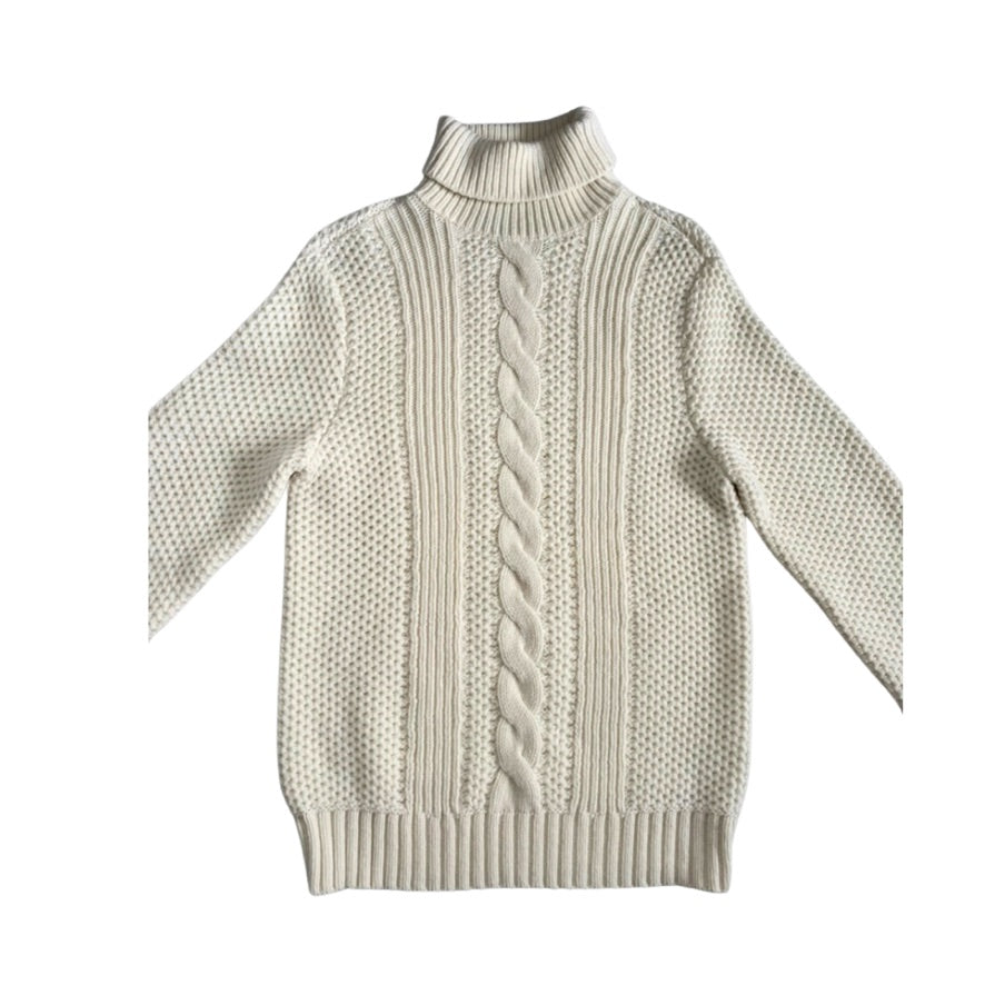Beige knitted sweater with cable pattern on a white background