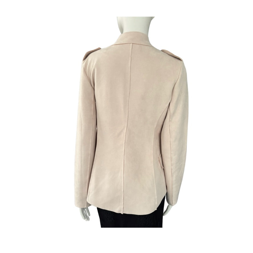 Pale pink jacket on a mannequin against a white background