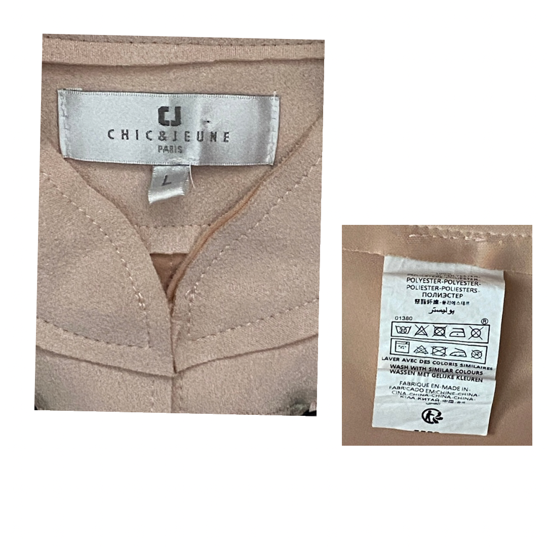 Close-up of a pale pink garment with 'Chic & Jeune' label and a detailed care label.