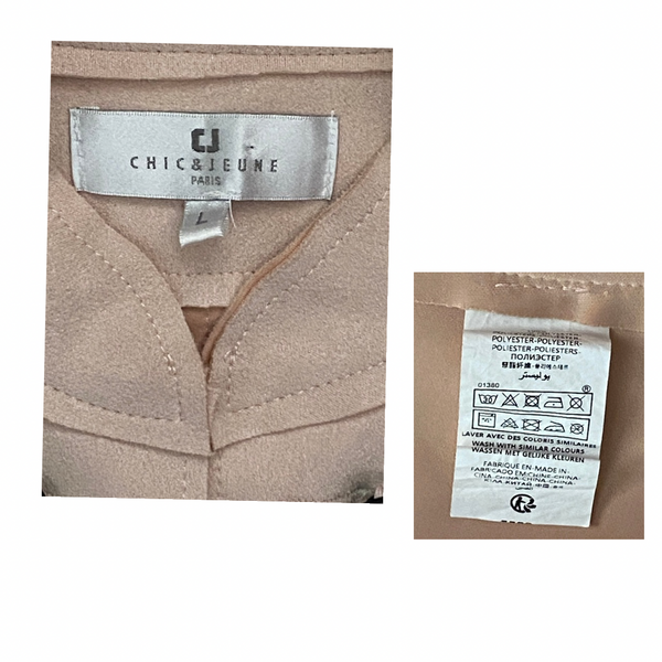 Close-up of a pale pink garment with 'Chic & Jeune' label and a detailed care label.