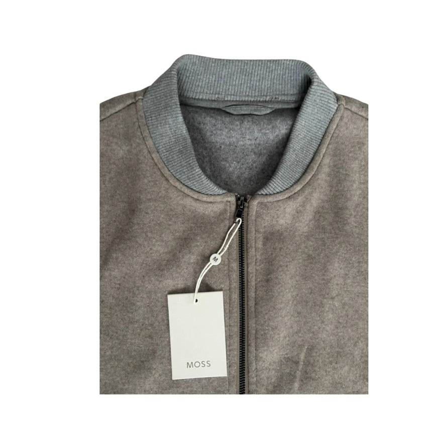 Grey fleece jacket with a tag on a white background