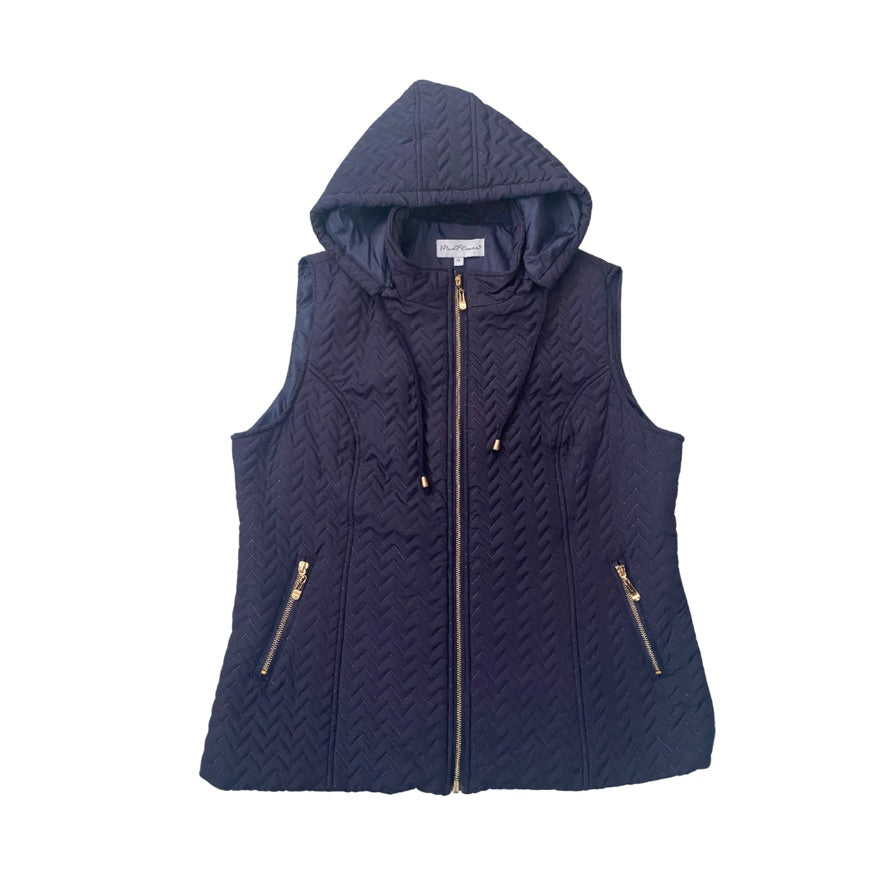 Navy quilted vest with zippers on a white background