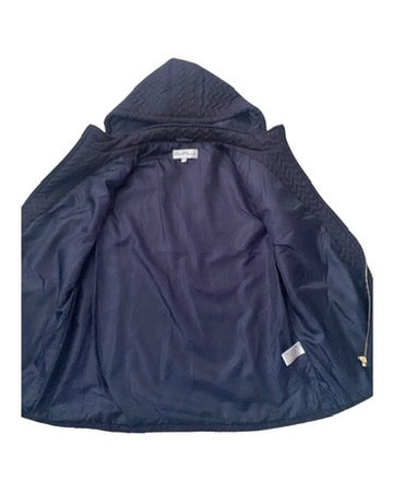 Navy blue hooded jacket on a white background