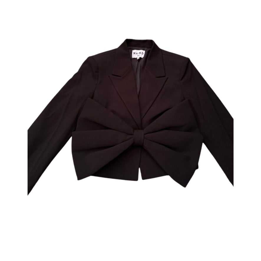 Black jacket with a large bow on a white background