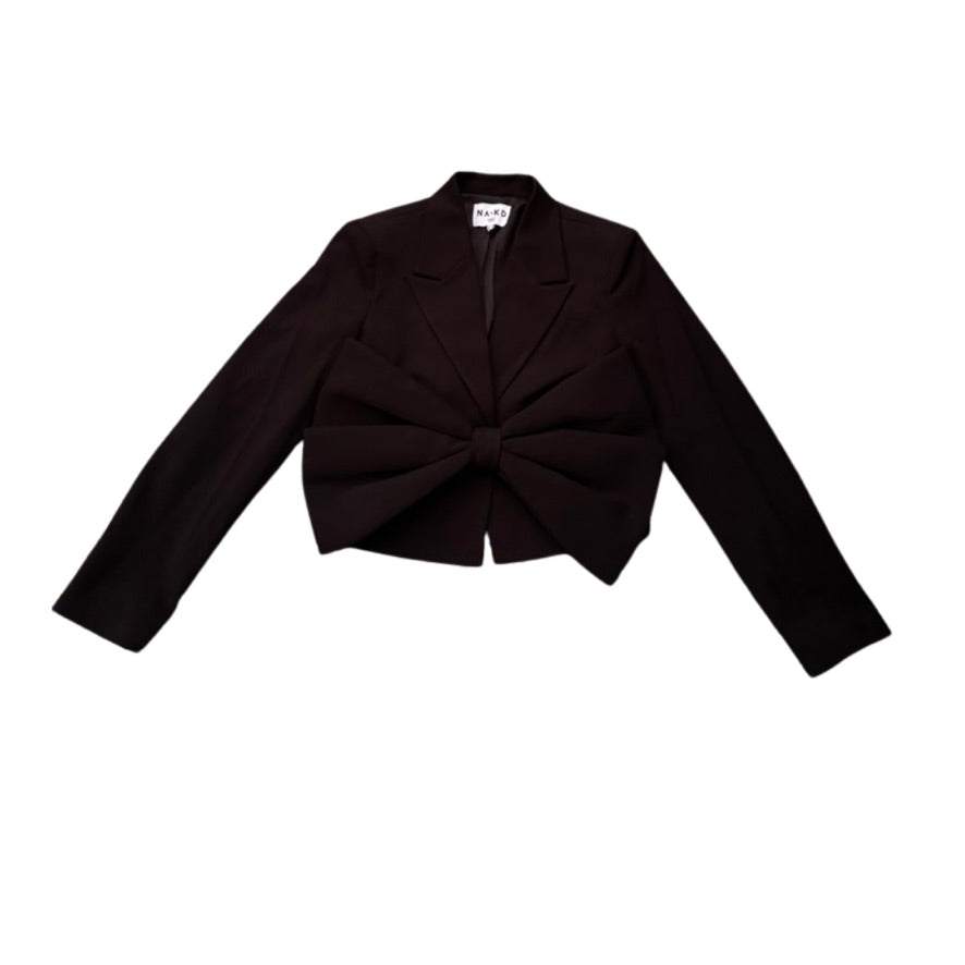 Black cropped blazer with a knot detail on a white background