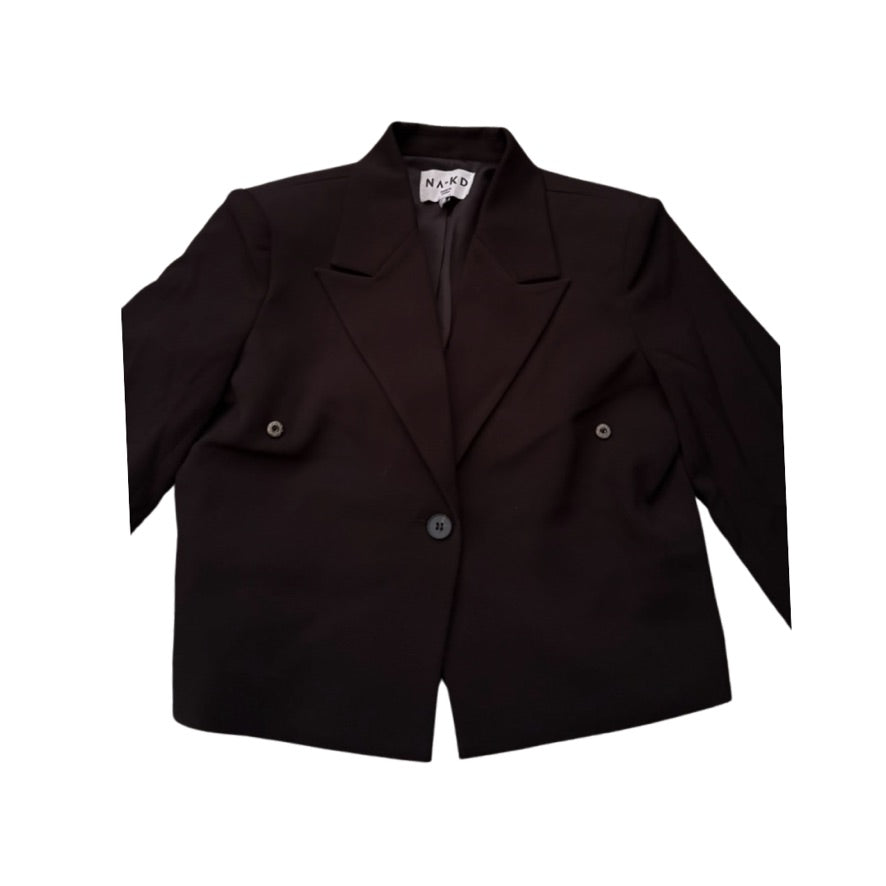 Black blazer with a brand label on a white background