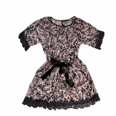 Black and pink lace overlay mini dress with velvet ribbon waist tie, Limited Edition, size 10, laid flat.