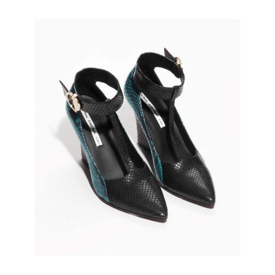 Black and teal high-heeled shoes with ankle straps on a white background