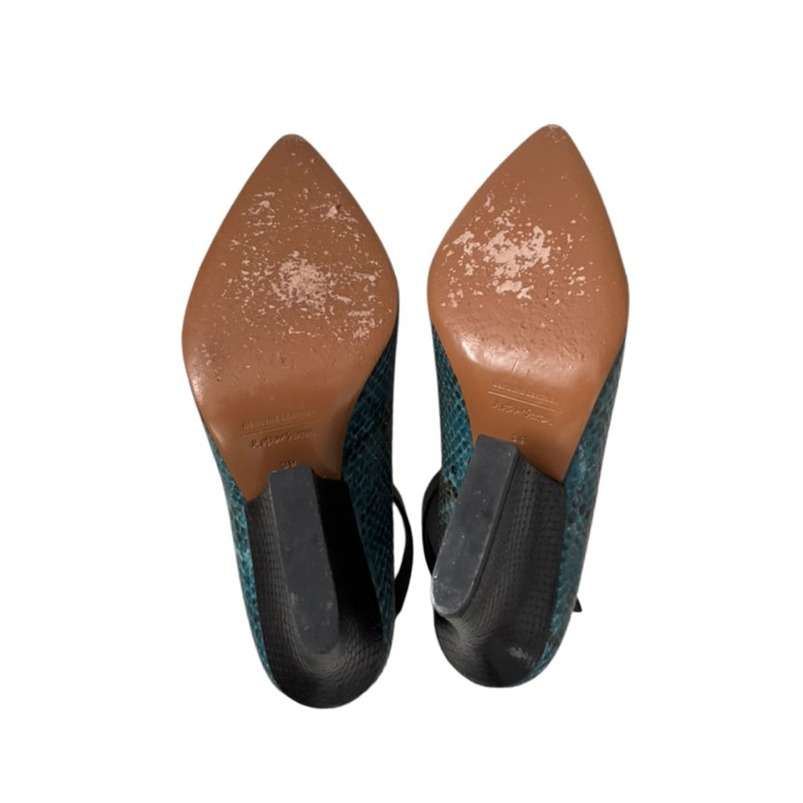 Pair of high-heeled shoes with brown soles on a white background