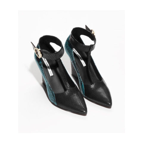 Black and teal high-heeled shoes with ankle straps on a white background