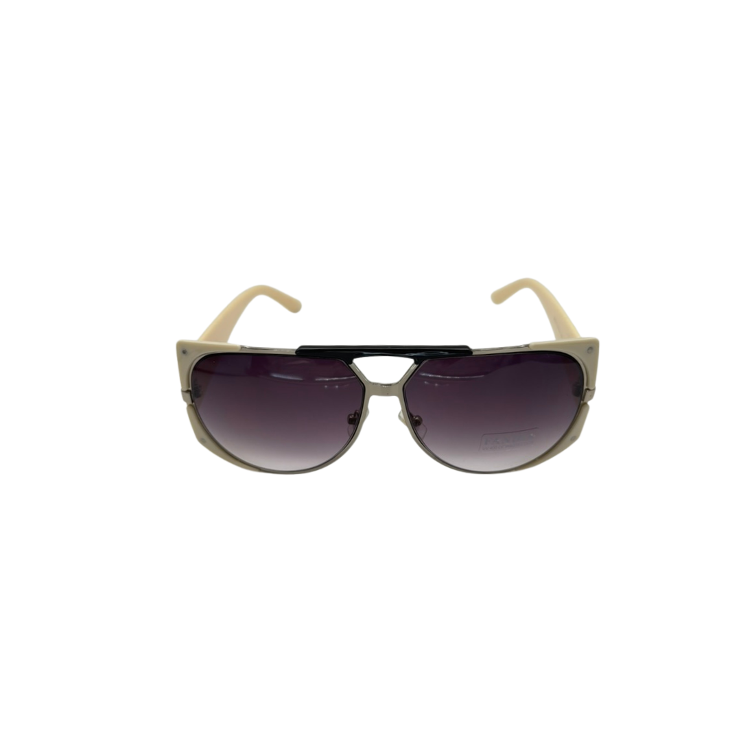 Sunglasses with a metallic frame and dark lenses on a white background