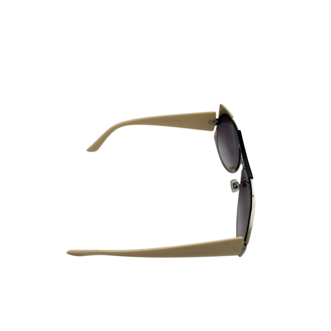 Beige sunglasses with dark lenses on a white background
